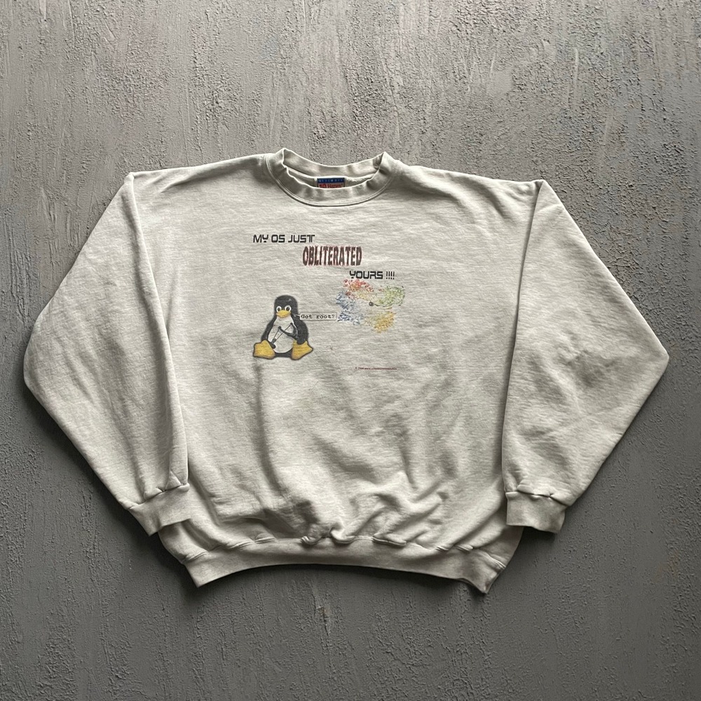 Vintage Linux Got Root Penguin Sweatshirt Mens XL Grey 2000s funny joke